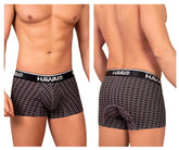 Black and gray patterned hawaii mens boxer briefs with a black waistband and white hawaii branding color gray