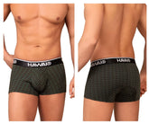Dark green patterned boxer briefs with black elastic waistband and white hawai brand name printed on the front