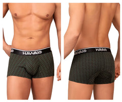 Dark green patterned boxer briefs with black elastic waistband and white hawai brand name printed on the front
