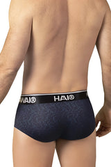 Dark navy blue hai briefs with subtle leaf pattern and black elastic waistband in hawai 42380 printed briefs black