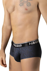 Black hawai 42380 printed boxer briefs with subtle blue leaf pattern and contrasting white logo waistband