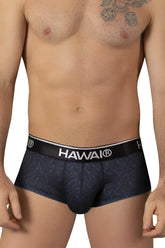 Black Hawai 42380 printed men’s briefs in black with subtle blue leaf pattern and white waistband branding