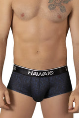 Black Hawai 42380 printed men’s briefs in black with subtle blue leaf pattern and white waistband branding