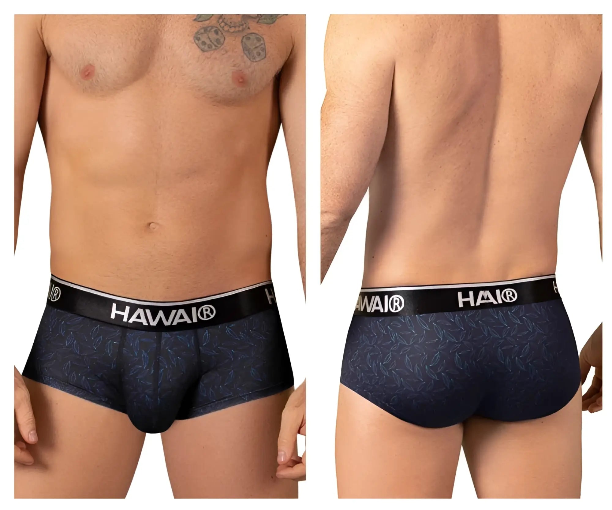 Navy blue hawaii 42380 printed boxer briefs with subtle leaf pattern and black elastic waistband with hawai logo