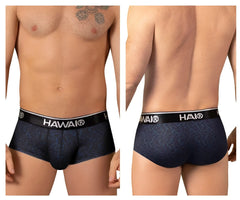 Navy blue hawaii 42380 printed boxer briefs with subtle leaf pattern and black elastic waistband with hawai logo