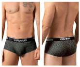 Dark green hawaiian-patterned boxer briefs with black hawaii branded waistband printed briefs color green