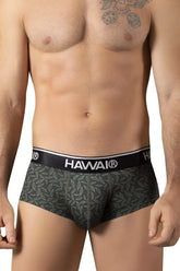 Hawai 42380 printed briefs in green with dark green leaf pattern and black waistband featuring white logo lettering