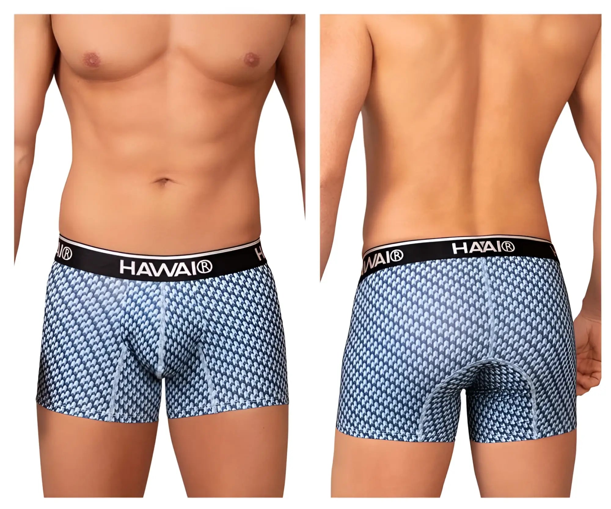 Blue patterned hawaii brand boxer briefs with black waistband showing front design in printed trunks color blue