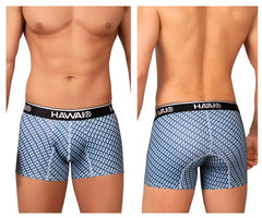 Blue patterned hawaii brand boxer briefs with black waistband showing front design in printed trunks color blue