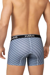 Blue and white patterned haai brand men’s boxer briefs with black waistband from hawai 42420 printed trunks collection