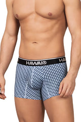 Blue and white patterned hawai 42420 printed trunks boxer briefs with black elastic waistband