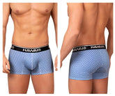 Light blue patterned Hawai 42421 printed trunks with black waistband featuring white Hawai branding