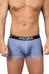 Blue patterned men’s briefs with a black waistband featuring the Hawai brand name in white lettering