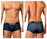 Blue checkered hawaii men’s briefs with black elastic waistband and brand logo printed for comfortable wear
