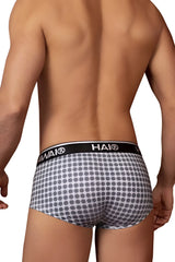 Gray patterned briefs with black waistband featuring hai brand logo from hawai 42430 printed briefs in color gray
