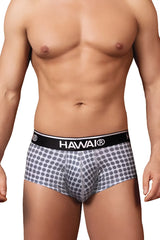Gray patterned men’s briefs with black waistband featuring the Hawai brand name in HAWAI 42430 printed briefs design