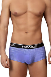 Purple patterned briefs in blue with a black waistband featuring the hawaii brand name for comfortable wear