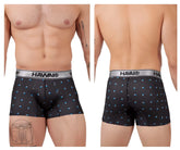 Black havai boxer briefs with a subtle blue bird pattern and silver waistband in printed microfiber trunks style