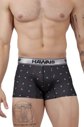 Black Hawai 42470 printed microfiber boxer briefs in black with subtle blue sailboat pattern and silver waistband