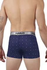 Navy blue HAWAI 42470 printed microfiber trunks with subtle white triangle pattern and silver waistband