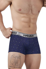 Navy blue hawai 42470 printed microfiber trunks with subtle white triangle pattern and silver waistband