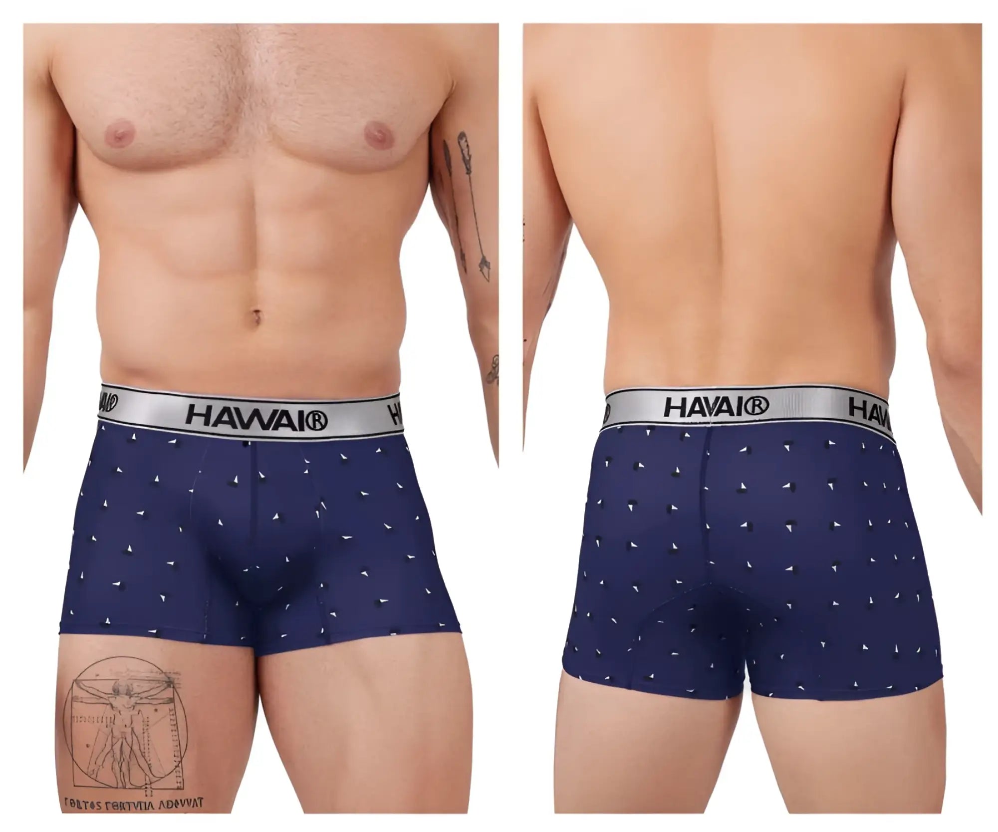Navy blue havai printed microfiber boxer briefs with white triangle pattern and silver waistband showing brand name