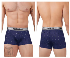 Navy blue havai printed microfiber boxer briefs with white triangle pattern and silver waistband showing brand name