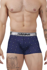 Navy blue men’s microfiber boxer briefs with white triangle pattern and silver waistband branded hawai 42470 printed trunks