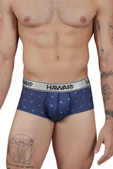 Navy blue Hawai 42480 printed microfiber boxer briefs with subtle geometric pattern and white elastic waistband