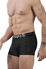 Black hawaiian boxer briefs printed microfiber trunks with subtle blue dots and white logo waistband in black
