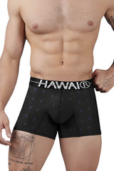 Black hawaiian microfiber boxer briefs with white hawaii elastic waistband and subtle purple dot pattern