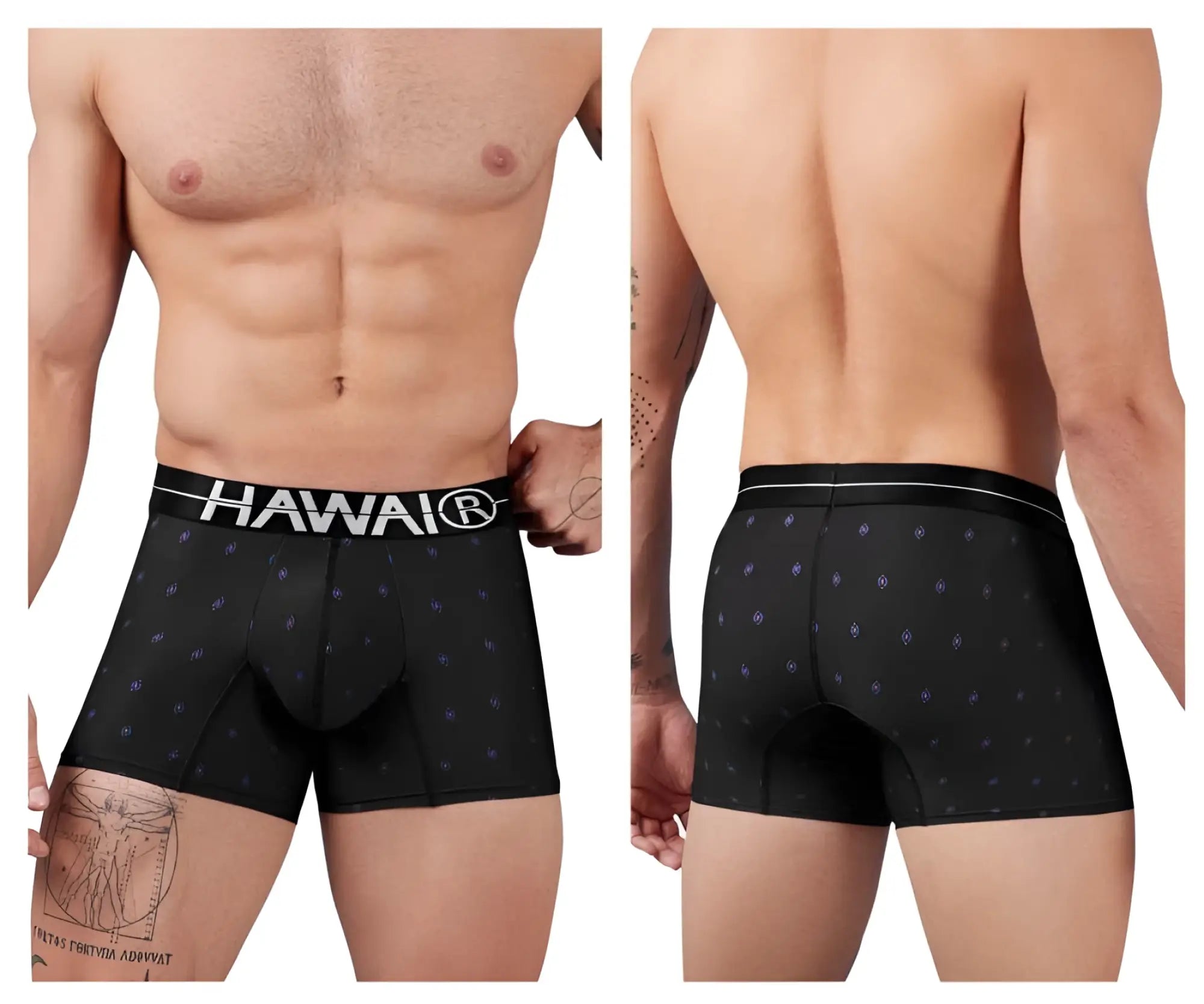 Black hawaiian microfiber boxer briefs with white hawaii® waistband and subtle blue diamond patterns color black
