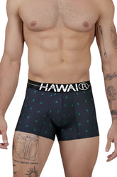 Black hawaI 42520 printed microfiber trunks with white branded waistband and teal leaf patterns in dark blue