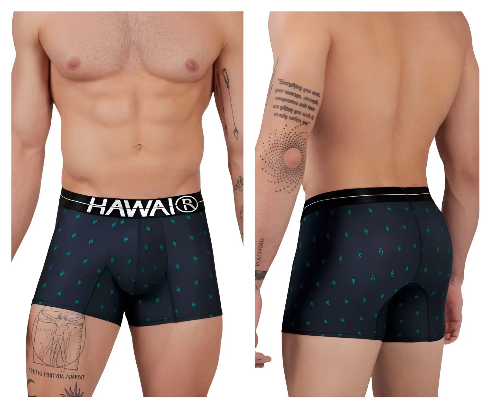 Black Hawaiian boxer briefs in dark blue microfiber with teal leaf patterns and a white Hawaii waistband
