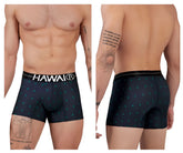 Black Hawaiian boxer briefs in dark blue microfiber with teal leaf patterns and a white Hawaii waistband