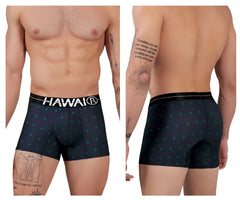 Black Hawaiian boxer briefs in dark blue microfiber with teal leaf patterns and a white Hawaii waistband