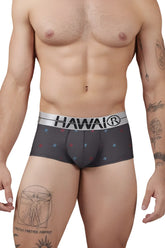 Dark gray hawai 42530 printed microfiber boxer briefs with silver waistband and red blue white star patterns