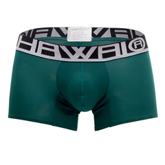 Dark green HAWAI 4986 solid athletic trunks boxer briefs with black and gray waistband featuring bold white logo