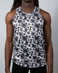 Black and white floral patterned Hawaiin hibiscus print tank top with round neckline and lightweight fabric
