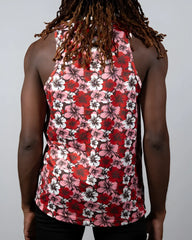 A vibrant red pink and white hibiscus print tank top with a black background perfect for casual summer wear