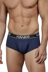 Navy blue Hawai branded microfiber briefs with black elastic waistband featuring white lettering front view
