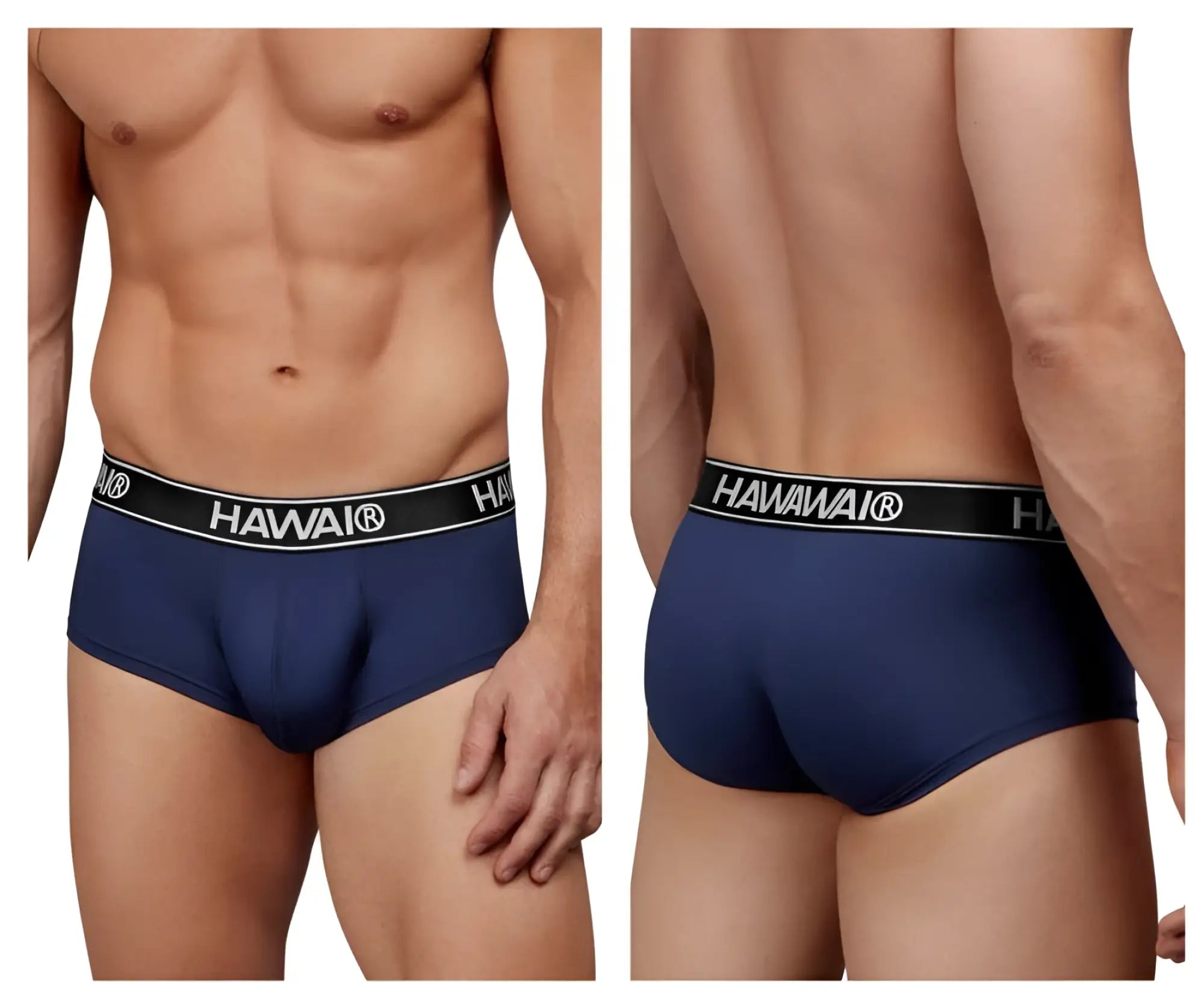 Navy blue Hawaiian brand microfiber briefs with a black waistband featuring white lettering in dark blue color