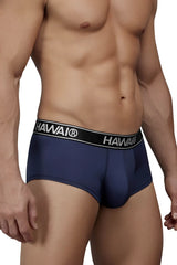 Navy blue hawaian men’s microfiber briefs with black elastic waistband and white brand name lettering