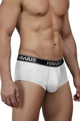 White hawai 41961 microfiber men’s briefs with black waistband featuring white brand name lettering