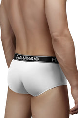 White hawaiian microfiber briefs with black elastic waistband featuring white brand name lettering model hawai 41961
