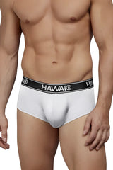 White men’s microfiber briefs with black hawaii waistband featuring white lettering model 41961