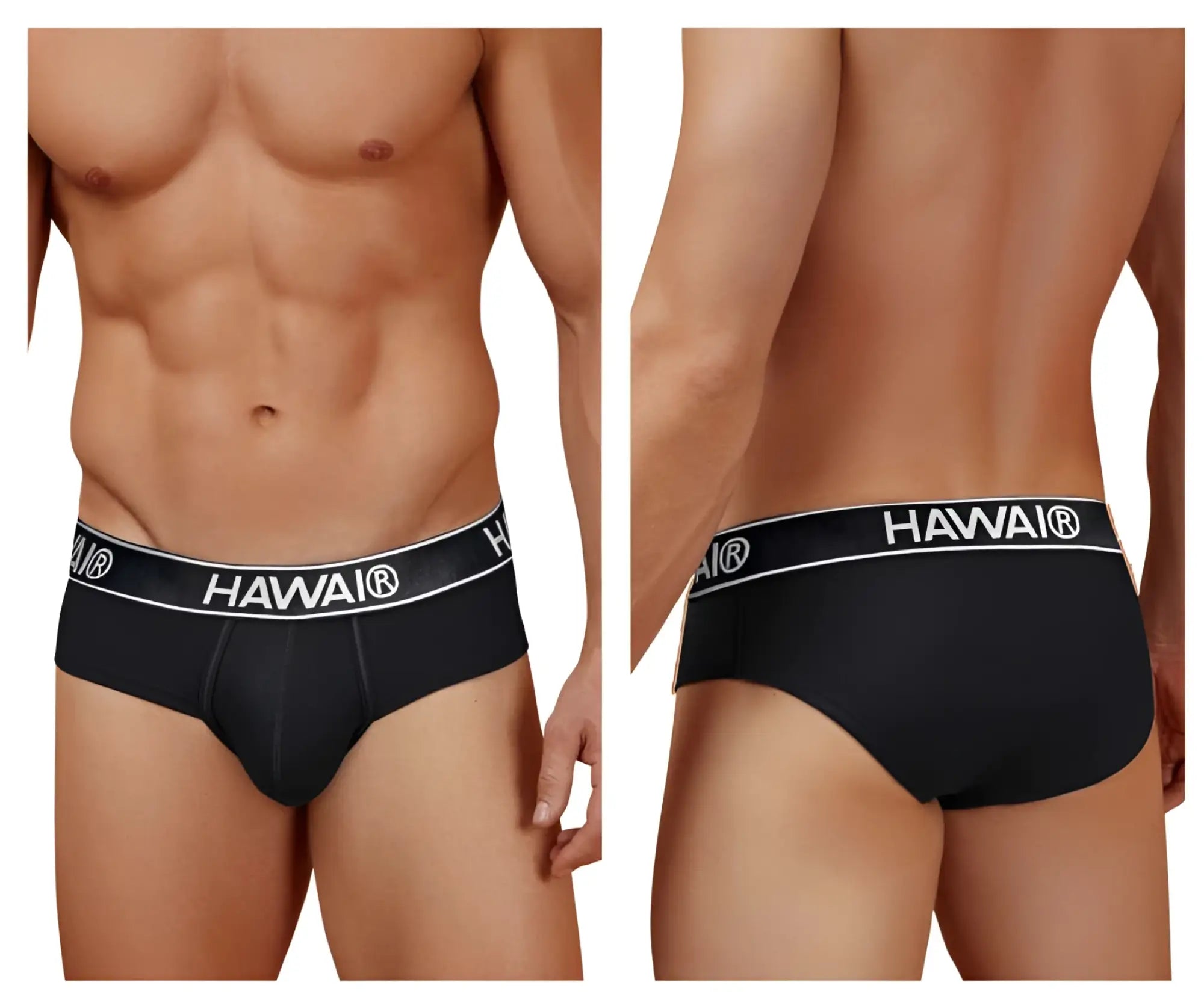 Black Hawai brand cotton blend briefs in black with a white elastic waistband featuring the logo front view