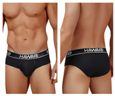 Black Hawai brand cotton blend briefs in black with a white elastic waistband featuring the logo front view