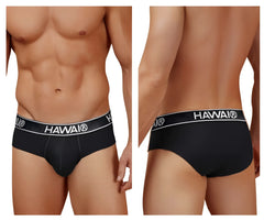 Black Hawai brand cotton blend briefs in black with a white elastic waistband featuring the logo front view