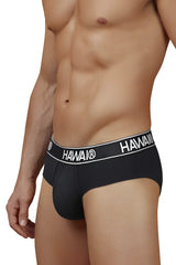 Black hawai 41962 cotton blend briefs in black with a white logo band showing the front side of the product